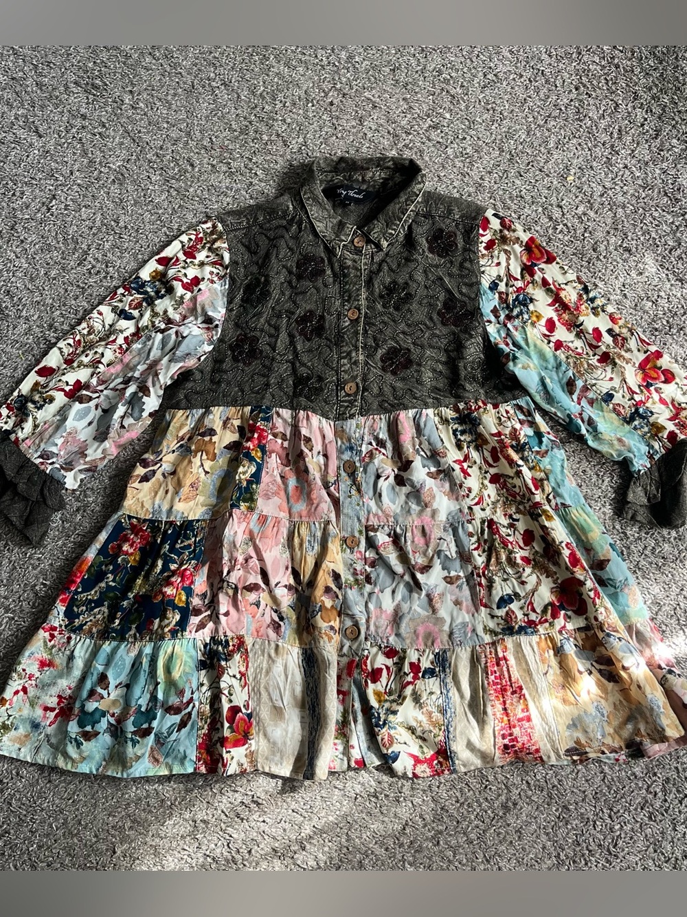 Young Threads Boutique Patchwork Tunic Floral Embroidered Western Boho Peasant